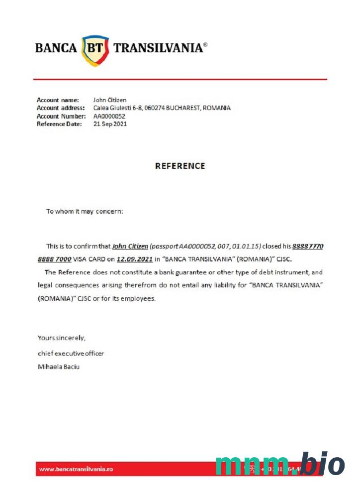 Rumunia Banca Transilvania przykład zamknięcia odniesienia w formatach Word i PDF